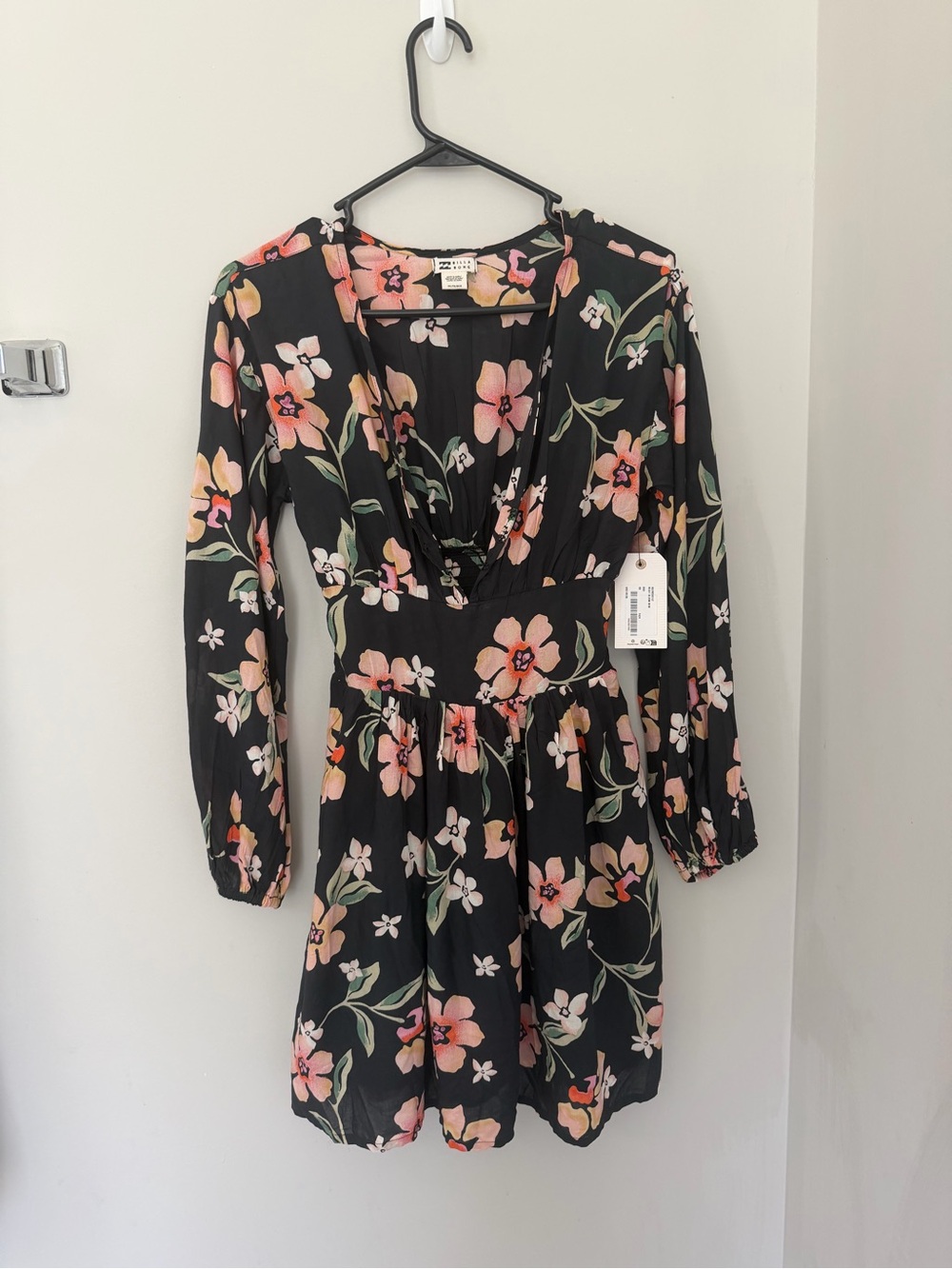 Billabong Black Long Sleeve Floral V-Neck Dress with Pink Flowers